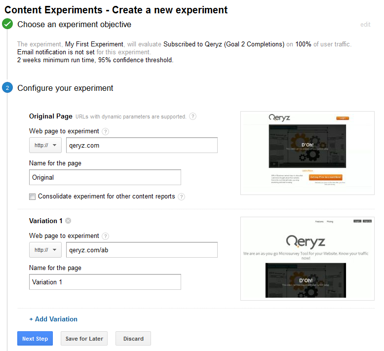 Configuring Experiment Pages