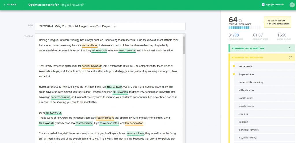 Cognitive SEO tool Review content assistant edited page content