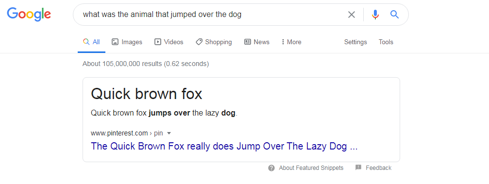 quick brown fox google search screenshot