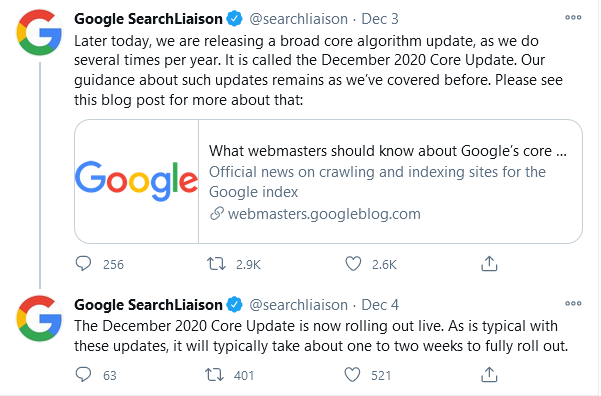 Anuncio de Google de la actualización principal para diciembre de 2020