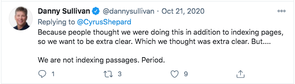 Danny Sullivan Tweet About Google's Passage Indexing