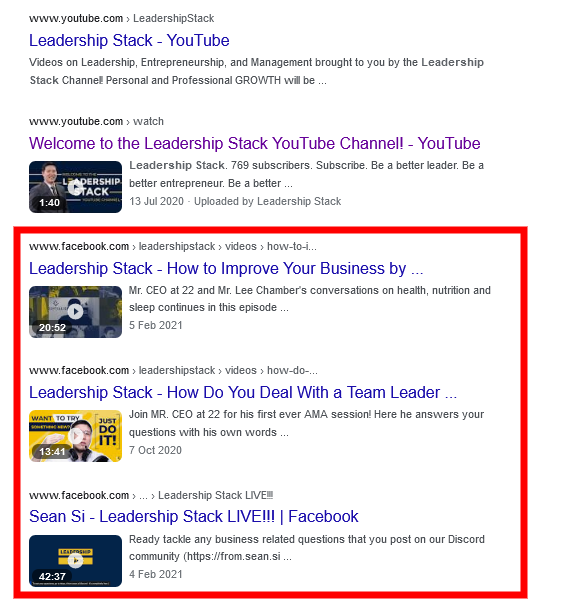 Leadership Stack Facebook Videos on Google Search Results