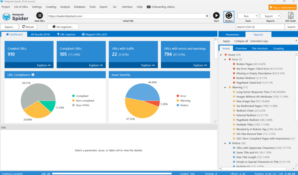 Leadership Stack Netpeak Spider results