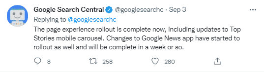 announcement from Google Search Central Twitter account, saying that Page Experience is now live