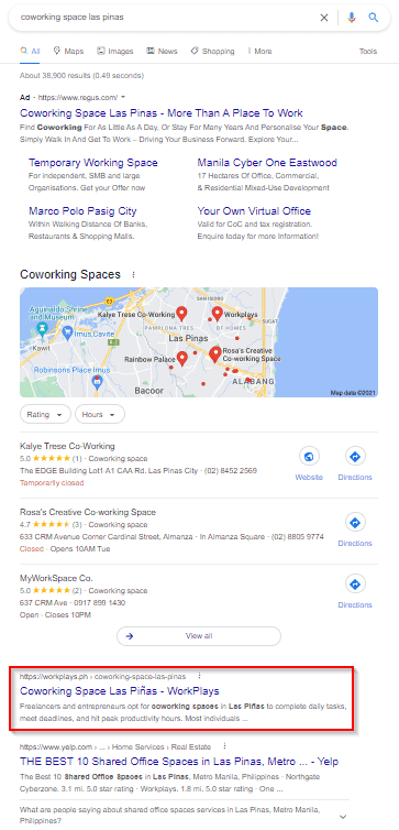 Google Search results Coworking space las pinas