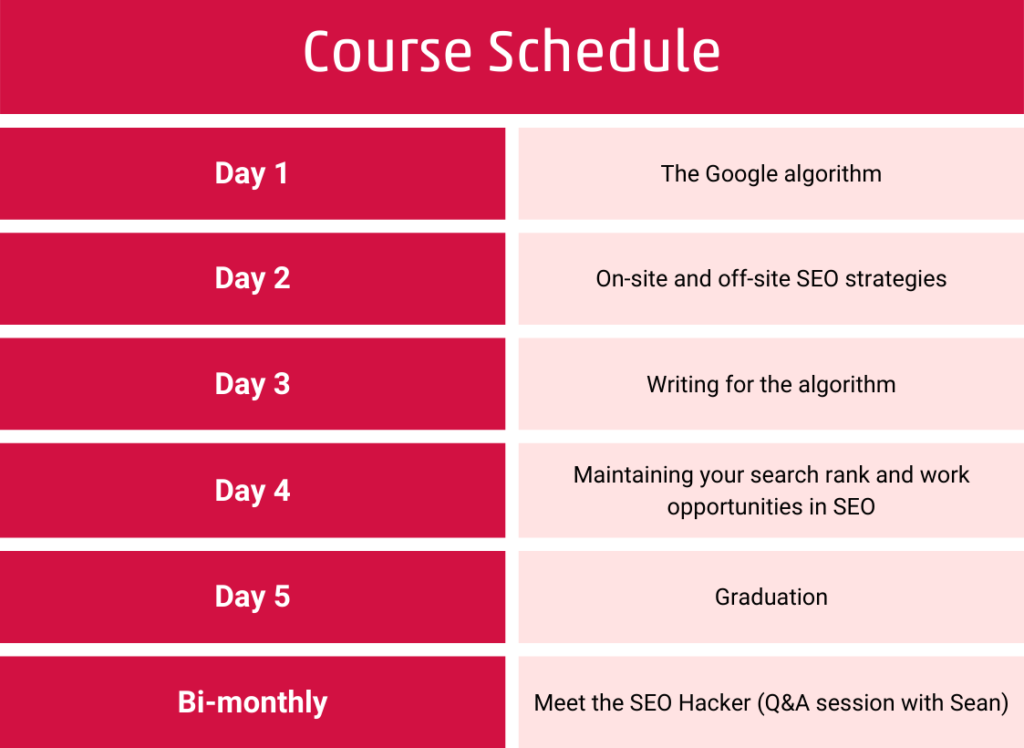 SEO Hacker Course Schedule