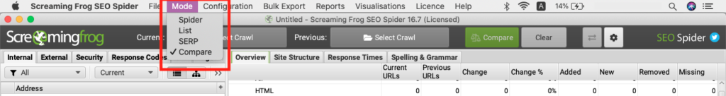screenshot of screaming frog's mode tab