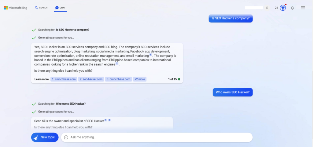 Bing AI Chatbot respondendo à minha consulta "quem é o dono do SEO Hacker?"