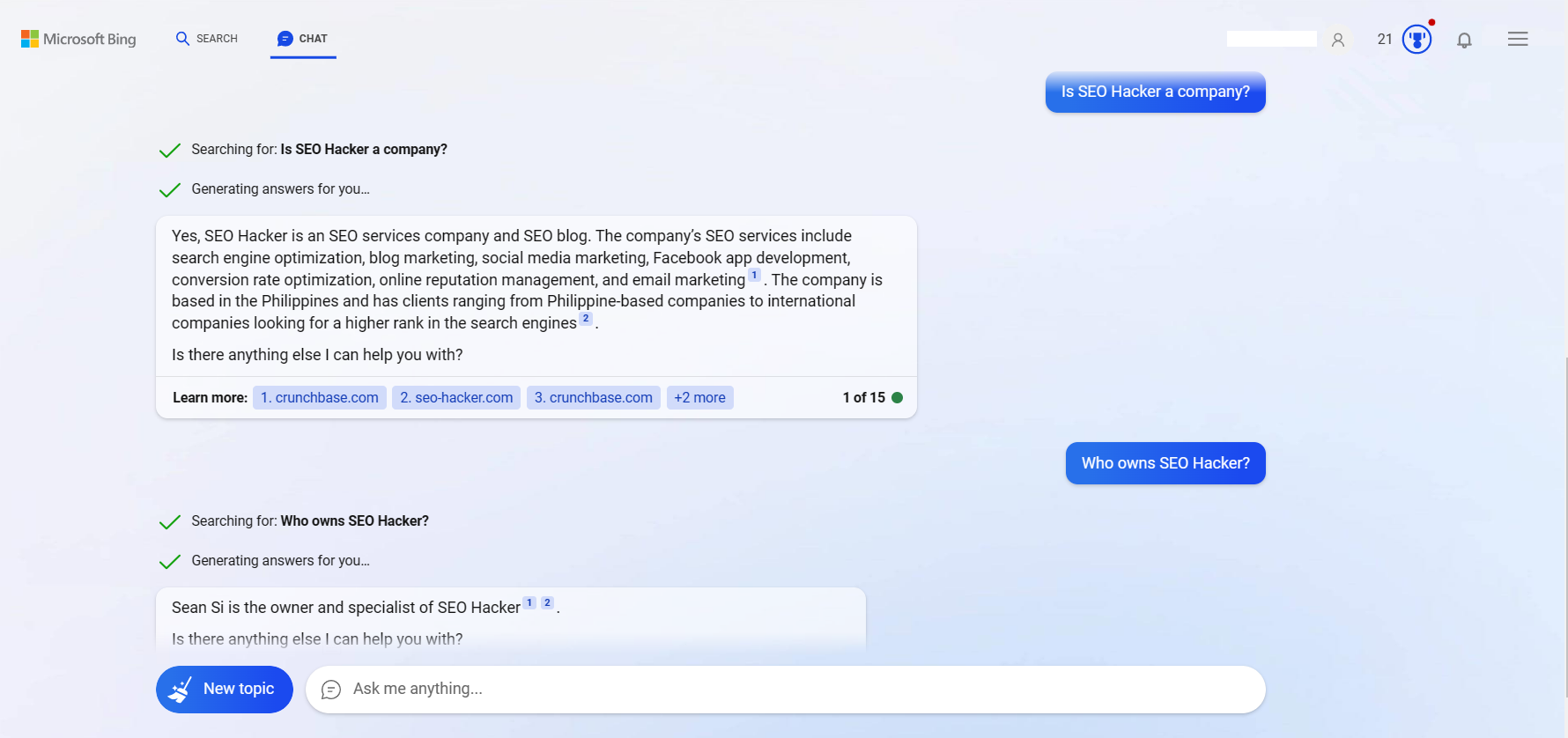 Bing AI Chatbot responding to my query "who owns SEO Hacker?"