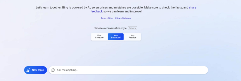 Bing AI Chatbot's three response settings: Creative, Balanced, and Precise