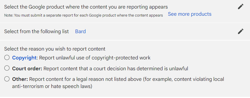 The legal issues that you can report for Google Bard's responses.