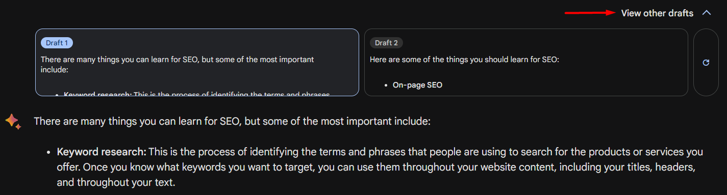 Google Bard's drafted answers about SEO.