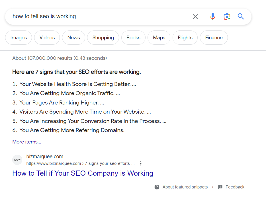 Manually checking if the Google search for "،w to tell if seo is working" has a featured snippet