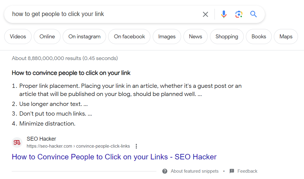 featured snippet on an article about ،w to get people to click on your link.