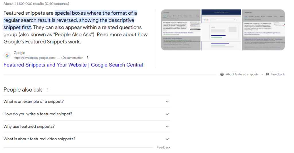 The google search for "What is a featured snippet" shows both a featured snippet and a people also ask section on the search results