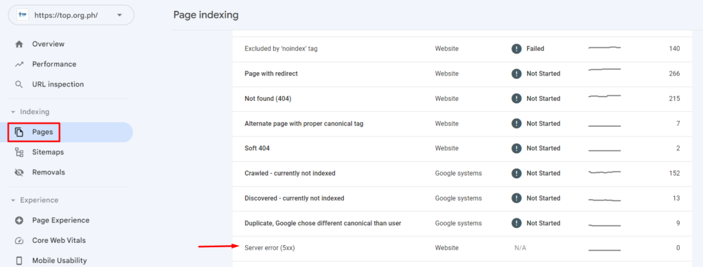 How to see the 5xx error report on Google Search Console