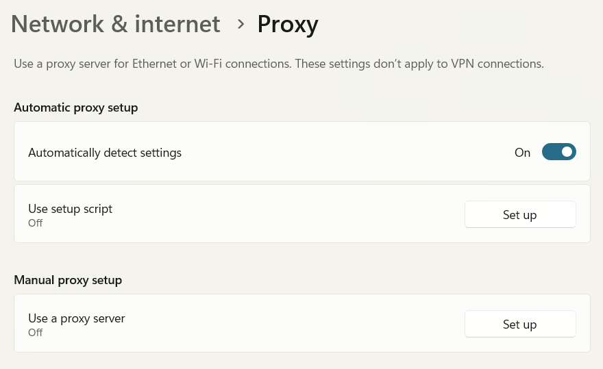 Example of proxy settings on Windows OS