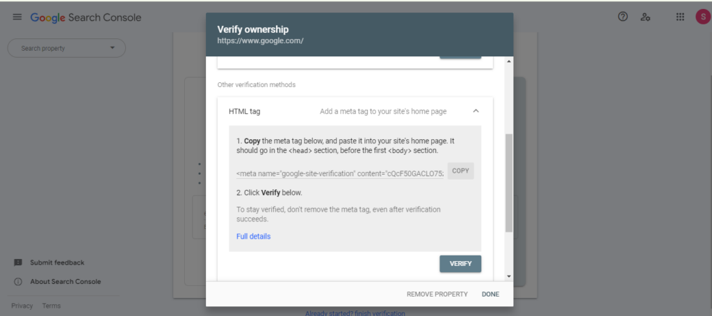 verify google search console property using HTML tag