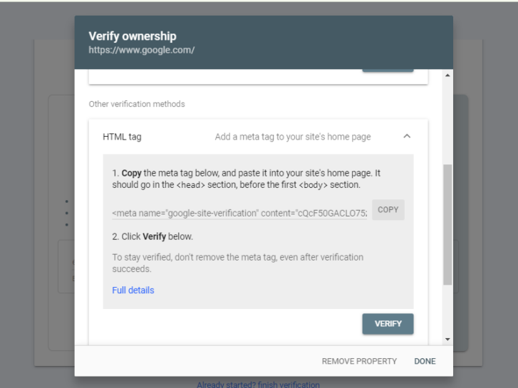 verify google search console property using HTML tag