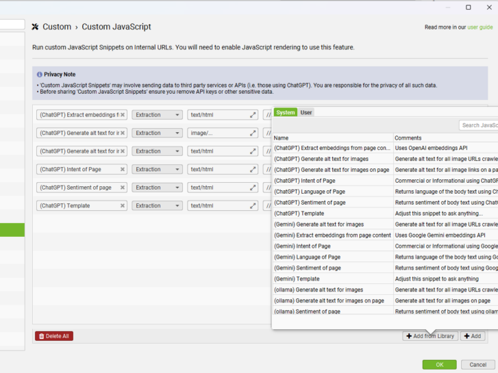 configuration d'extraits JS personnalisés screamingfrog 20