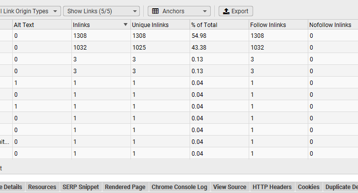 rapport de texte d'ancrage agrégé sur screamingfrog 20