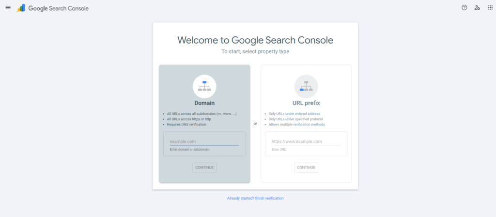 Domain and URL Prefix Google Search Console Property