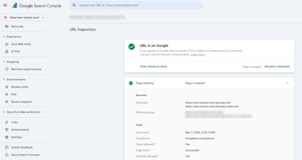 URL inspection report